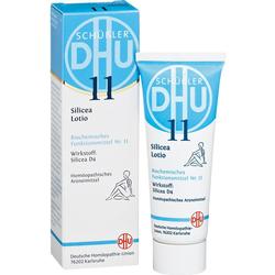 Eine blaue und weiße Verpackung und Tube der Schüßler Silicea Lotion Nr. 11.