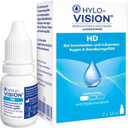 Verpackung und Flasche von Hylo-Vision Augentropfen für trockene Augen.